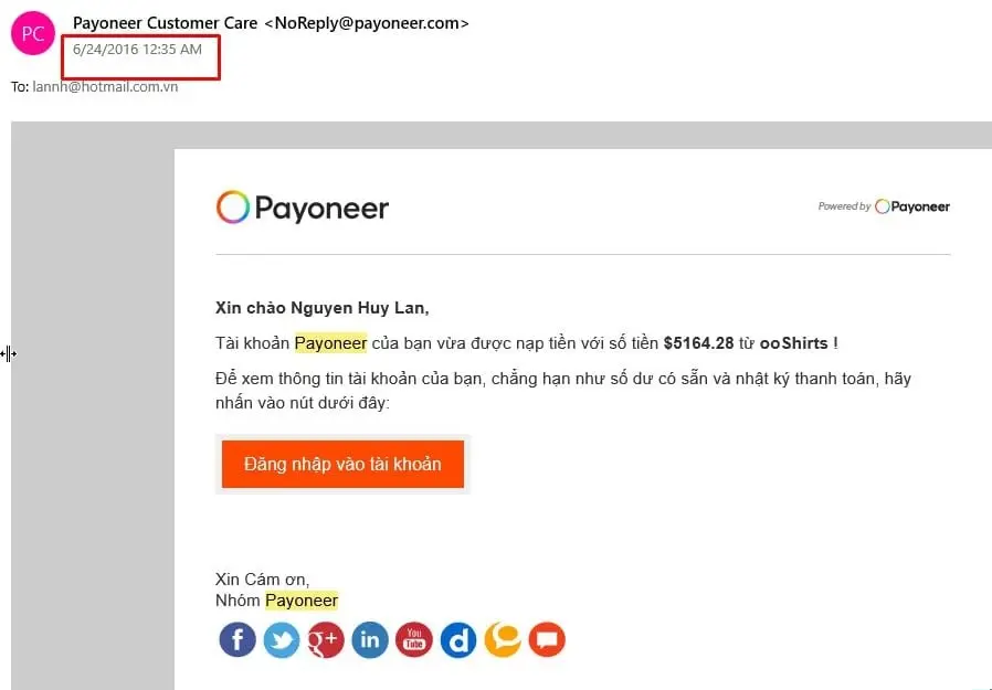 Payoneer payment activity evidence